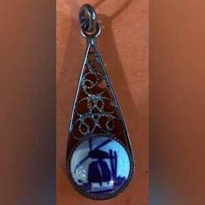 Vintage Delfts Pendant Blue Windmill Porcelain 1”